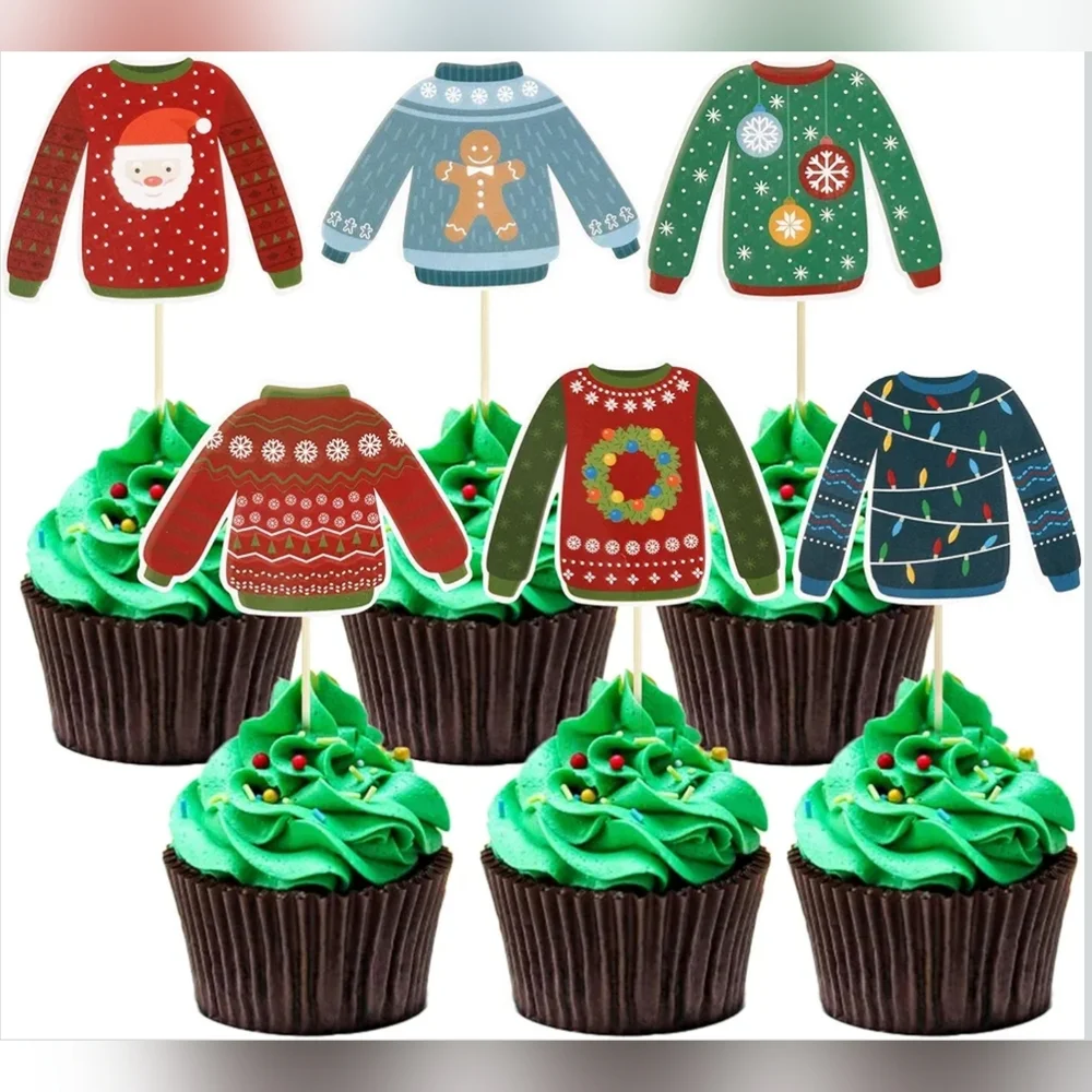36 Pcs Christmas Cupcake Toppers, 6 Ugly Sweater Designs, Holiday Party Decor